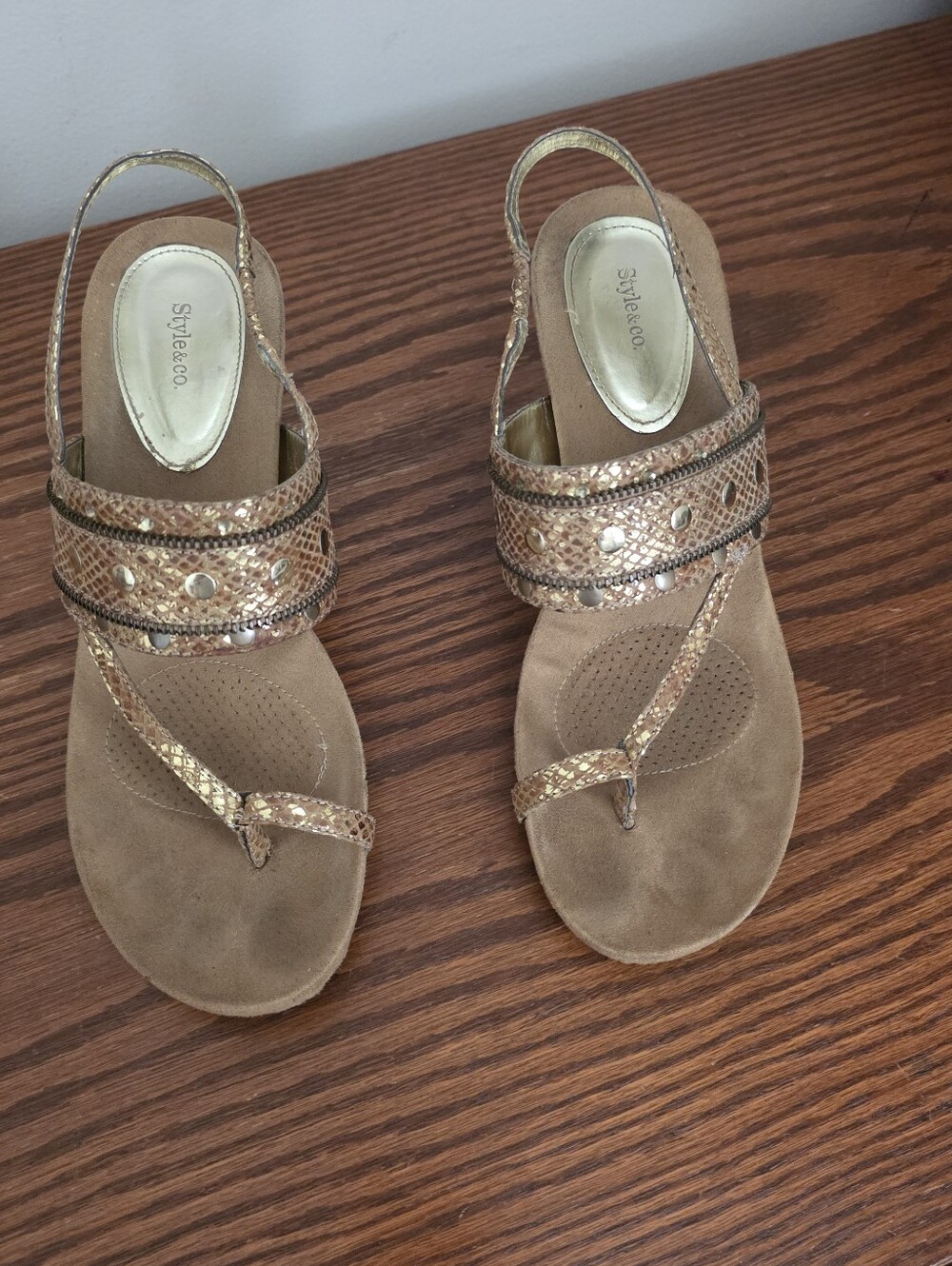 Style & Co. Metallic Tan Embellished Slingback Sandals, Wedge Heel, Sz 9M